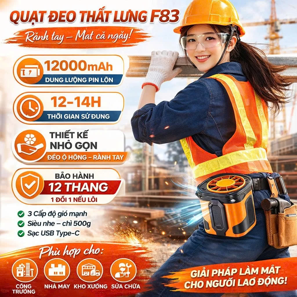 Quạt Đeo Thắt Lưng F83, Quạt Điều Hoà Đeo Hông Pin 12000 mAh Sử Dụng 12-14H Có Cổng Sạc Dự Phòng, Thiết Kế Nhỏ Gọn