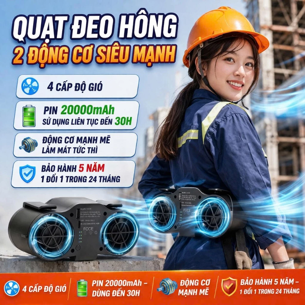 Quạt Kẹp Thắt Lưng 2 Luồng Gió YLD-F09 - Quạt Điều Hòa Gắn Áo 4 Cấp Độ Gió Siêu Mát, Pin 20000mAh Sử Dụng 20-25H