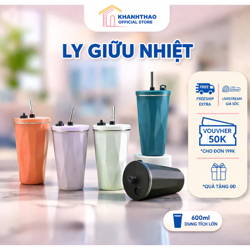 Ly Giữ Nhiệt DIDOOGLT 600ml – Inox 304 Cao Cấp, Giữ Nóng Lạnh Lâu, Kèm Ống Hút Tiện Lợi, An Toàn
