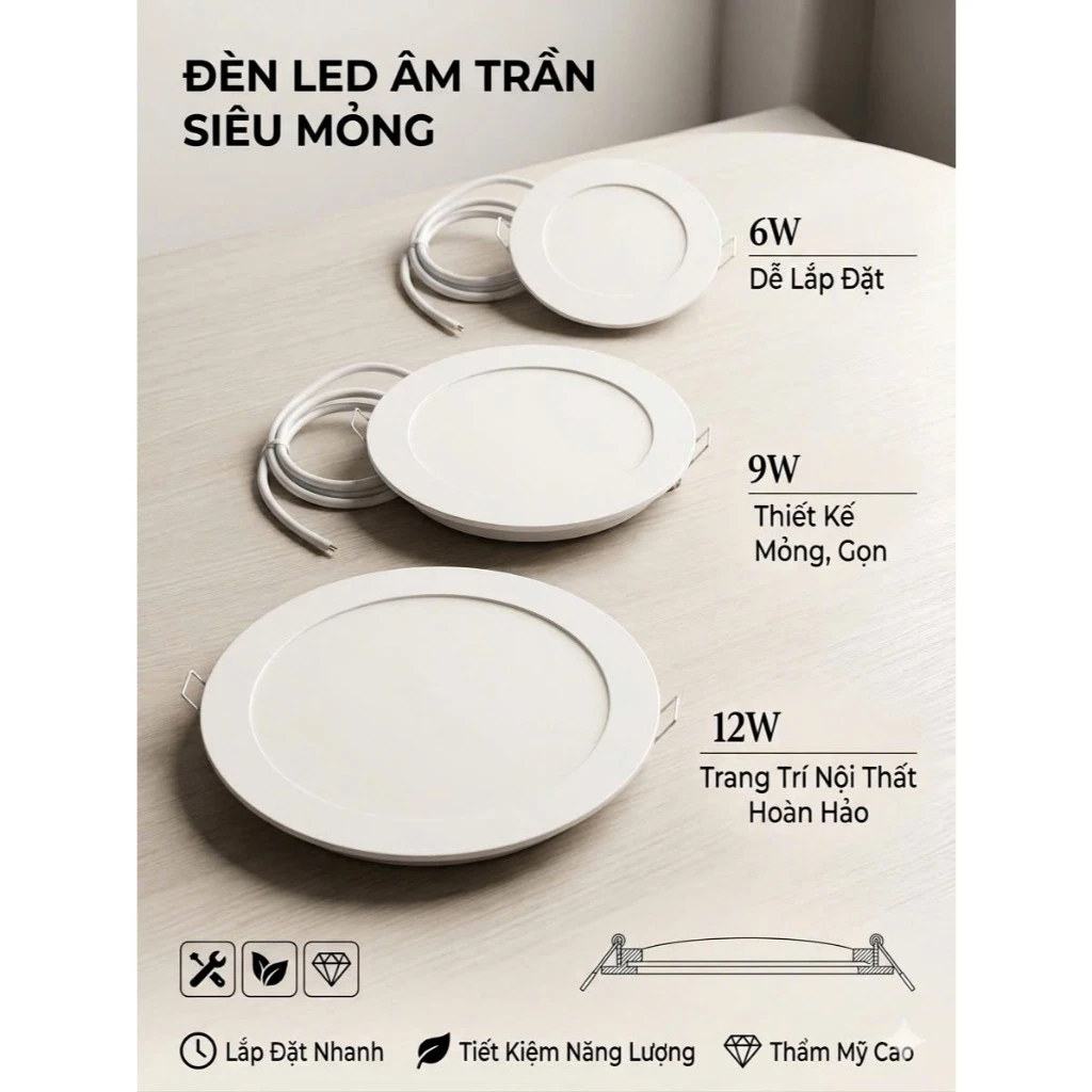 Đèn Led Âm Trần 6w 9w 12w 18w Siêu Mỏng, Ánh sáng Trắng - Vàng, bảo hành 1 năm