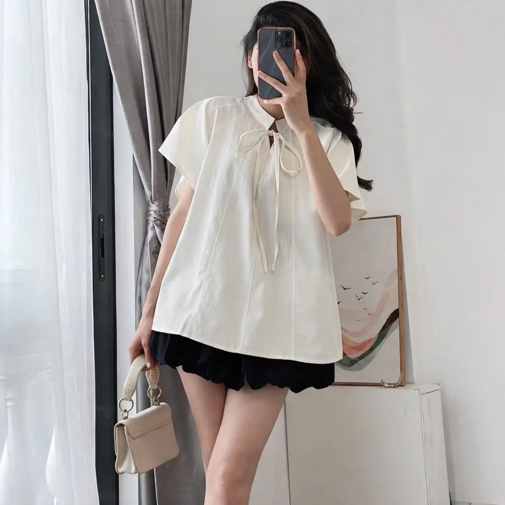 Áo sơ mi nữ cổ trụ dây rút dáng rộng dễ phối đồ dành cho nữ mặc hằng ngày