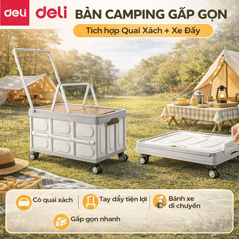 Bàn camping gấp gọn Deli kết hợp hộp đựng đồ đa năng bằng nhựa, nắp gỗ đi cắm trại, dã ngoại, picnic