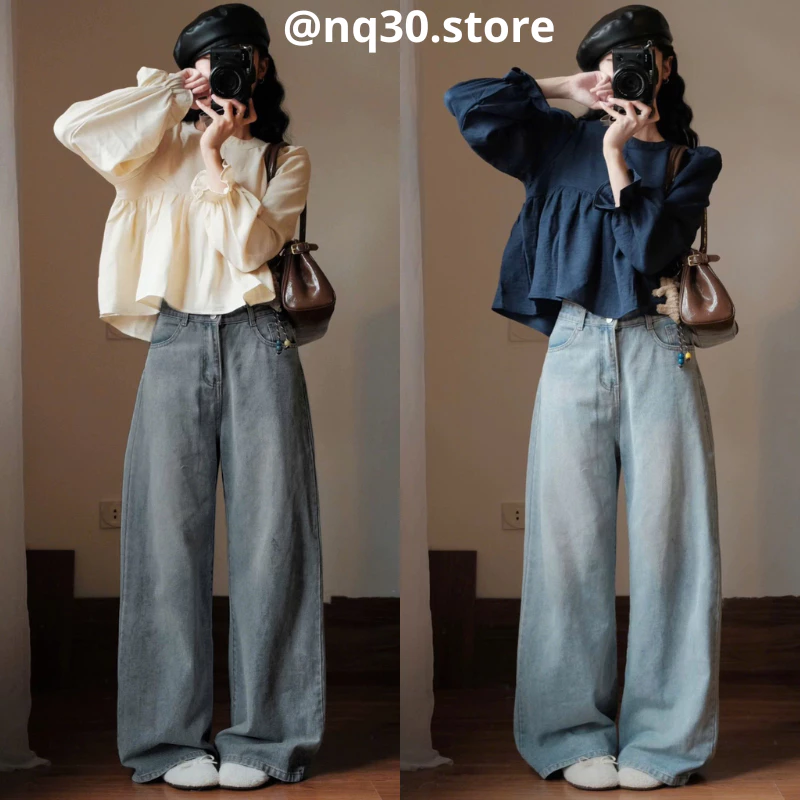 Quần Jeans Ống Suông Rộng Wash RETRO MIAA Cạp Cao Tôn Dáng, Quần Bò Dài Wash Ống Rộng Tôn Dáng Nam Nữ