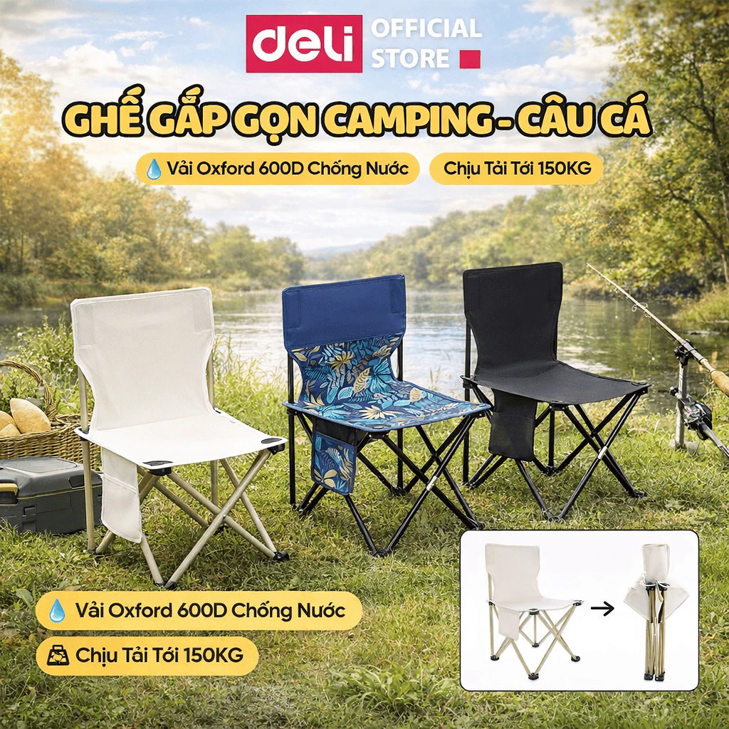 Ghế Camping Ngả Lưng Deli Gấp Gọn Thư Giãn Dã Ngoại Du Lịch Câu Cá Cao Cấp Cứng Cáp Chịu 150KG