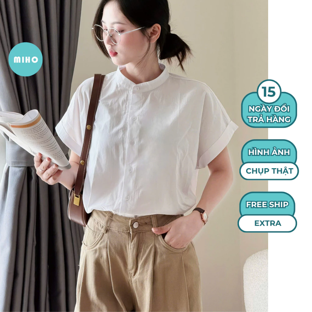 Áo sơ mi cổ tàu ngắn tay dáng rộng chất vải thô Miho House