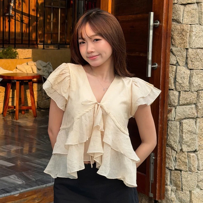 Áo Babydoll Kiểu Nữ Tay Phồng Nhiều Tầng Xoè Đuôi Cá Cổ V Đi Biển Mùa Hè Kimee - KA836