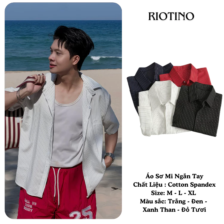 Áo Sơ Mi Nam Ngắn Tay Giấu Cúc RIOTINO Kẻ Sọc Cotton Spandex Mềm Mịn Thoáng Mát Form Regular SMN1