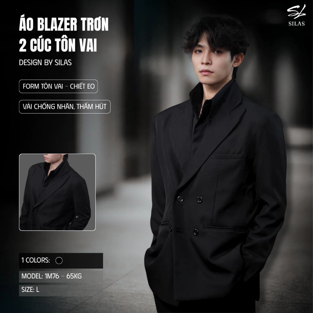 (Form Tôn Vai) Áo Blazer Trơn_SILAS Tôn Vai 2 Cúc Cotton Lạnh Chiết Eo - AKSL02