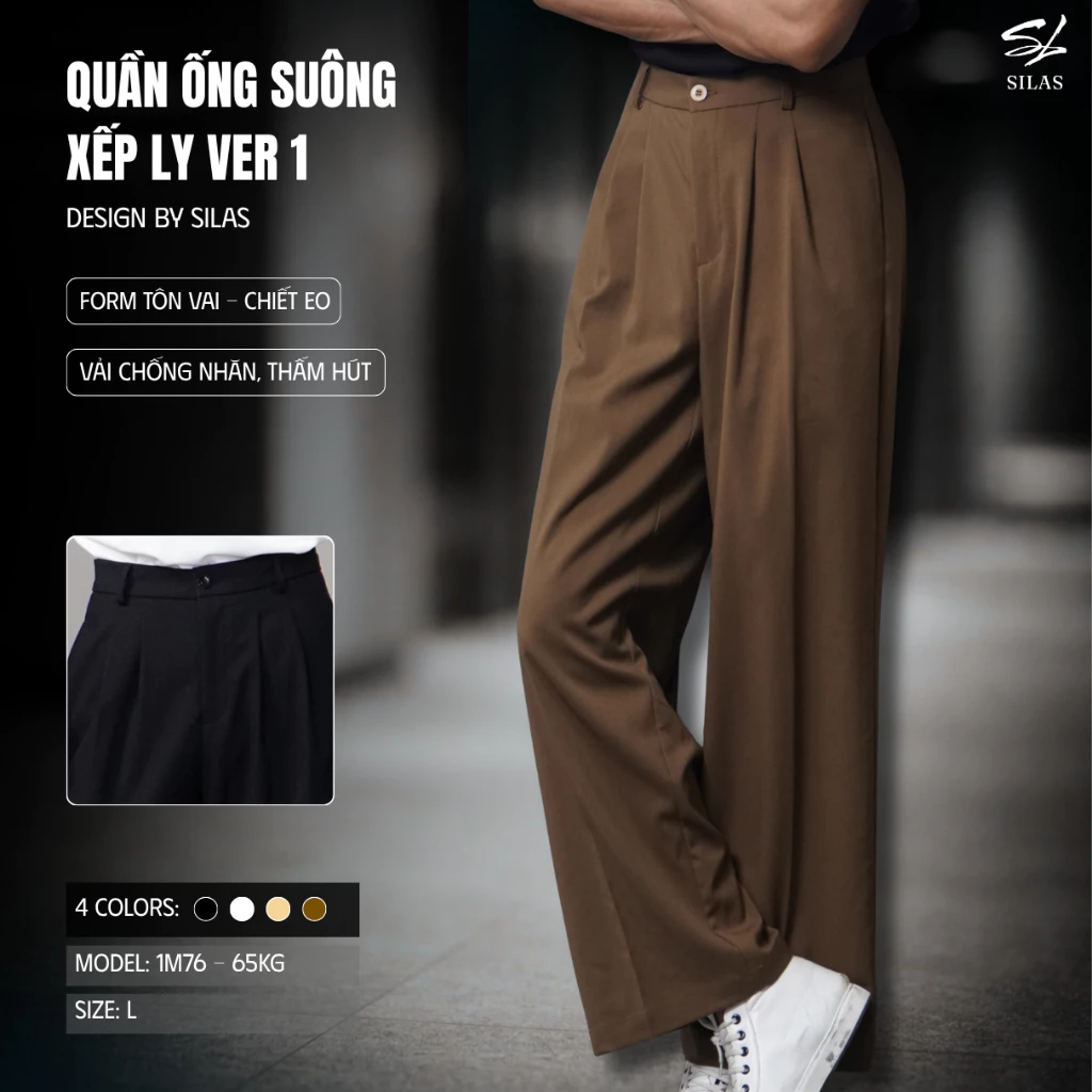 Quần Dài SILAS Ống Suông SILAS Xếp Ly Ver1 Cài Khuy Kate Mịn Nam Form Đứng - QSL9