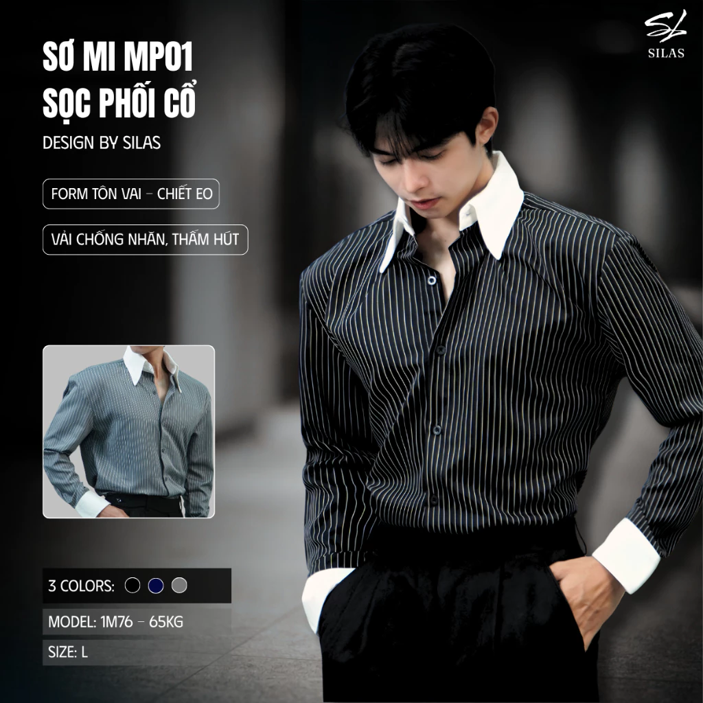 (Form Tôn Vai) Áo Sơ Mi SILAS MP01 Sọc Buttondown Phối Cổ Trắng Form Tôn Vai - ASL28