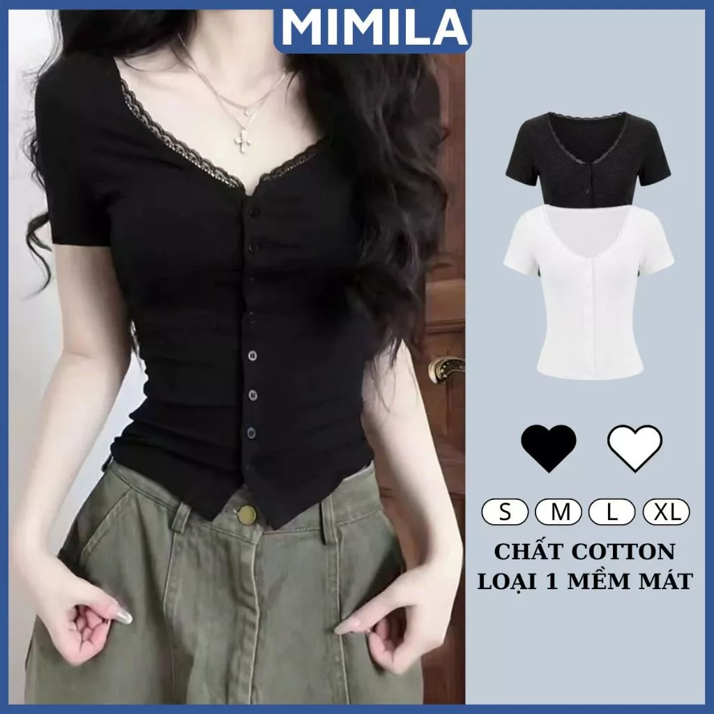 [CÓ SIZE] Áo Thun Cộc Tay Phối Cổ Ren Nữ MIMILA Thiết Kế Ôm Dáng Cúc Cài Chất Thun Cotton Mềm Mát - MA335