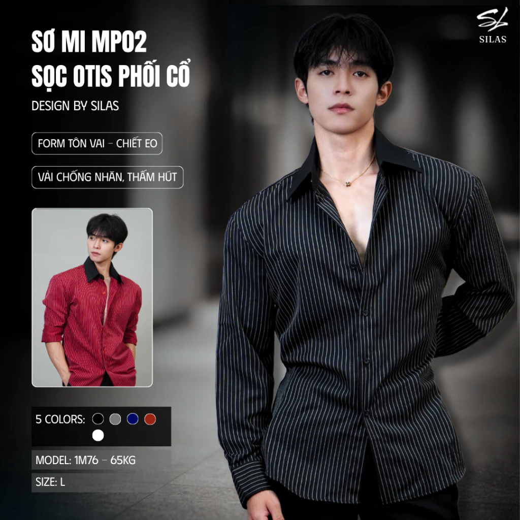 (Form Tôn Vai) Áo Sơ Mi SILAS MP02 Sọc Otis Phối Cổ Đen Nam Cotton Chéo Chiết Eo - ASL24