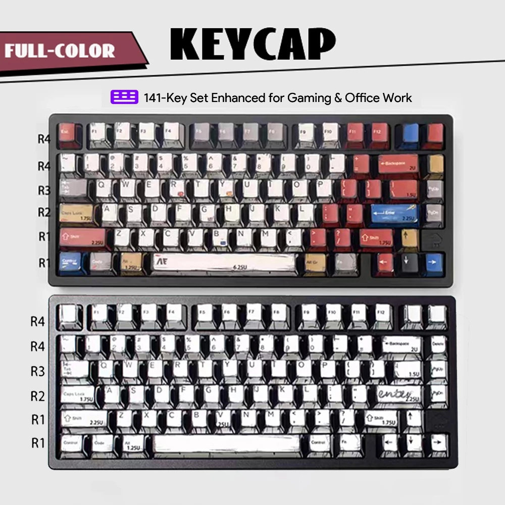 Keycap Contour DIY phong cách truyện tranh, Keycap in chuyển nhiệt năm mặt, 141 phím, Cherry Profile