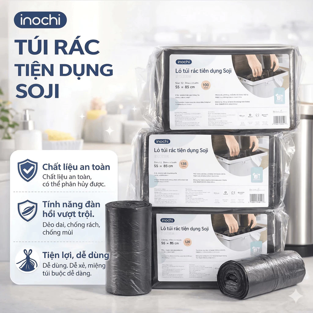 Túi rác tự huỷ sinh học Inochi có quai tiện dụng dạng cuộn nhiều màu, nhiều mùi hương