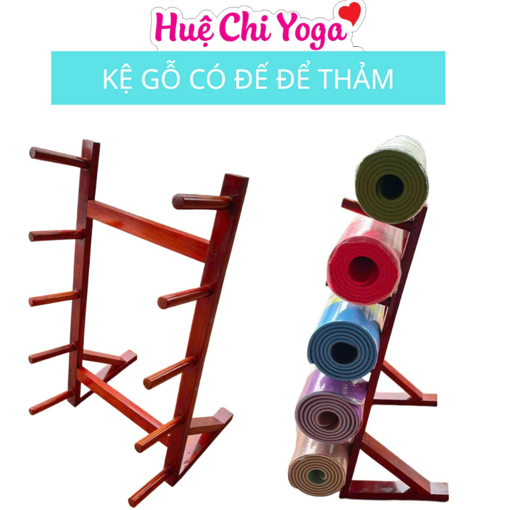 Kệ gỗ treo thảm Yoga tiện lợi, tiết kiệm không gian , kệ gỗ lim nâu đủ bộ có chân đỡ
