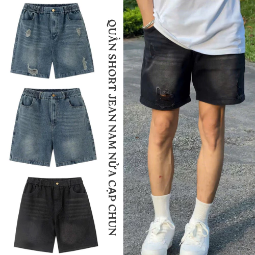Quần Jean Short Nam Mài Wash Cạp Chun Khoá Kéo Jean Mềm Denim Form Ngắn Trên Gối Ống Rộng FOXY