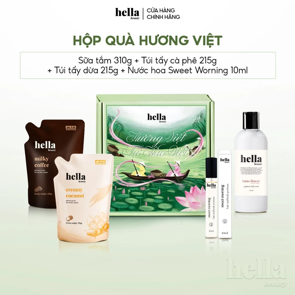 Hộp quà Hương Việt 4 món Túi tẩy tế bào chết cà phê và túi dừa 215g, Sữa tắm hương hoa sen 310ml, Nước hoa cao cấp 10ml