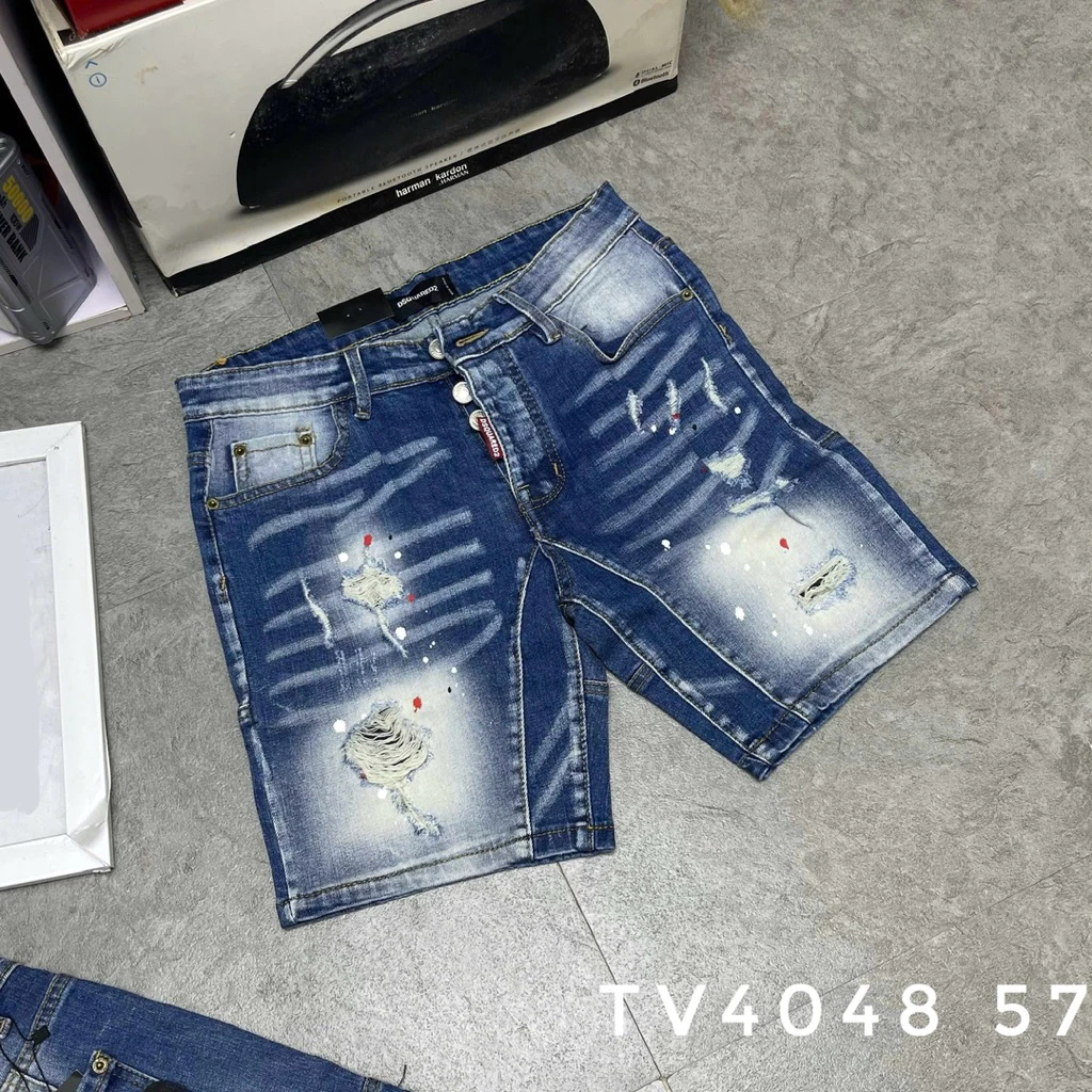 Quần short bò ngố nam PB wash xanh bạc rách xước vảy sơn phối in chữ D2 sau mông 4 cúc boy phố Phi - boutique
