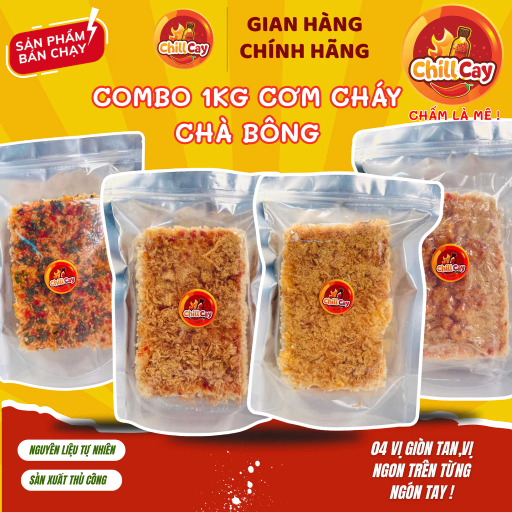 COMBO 1 KG Cơm Cháy Chà Bông CHILLCAY 4 vị siêu giòn: Siêu Chà Bông, Phô Mai Béo, Chà Bông Tóp Mỡ - Giòn Tan Siêu Ngon