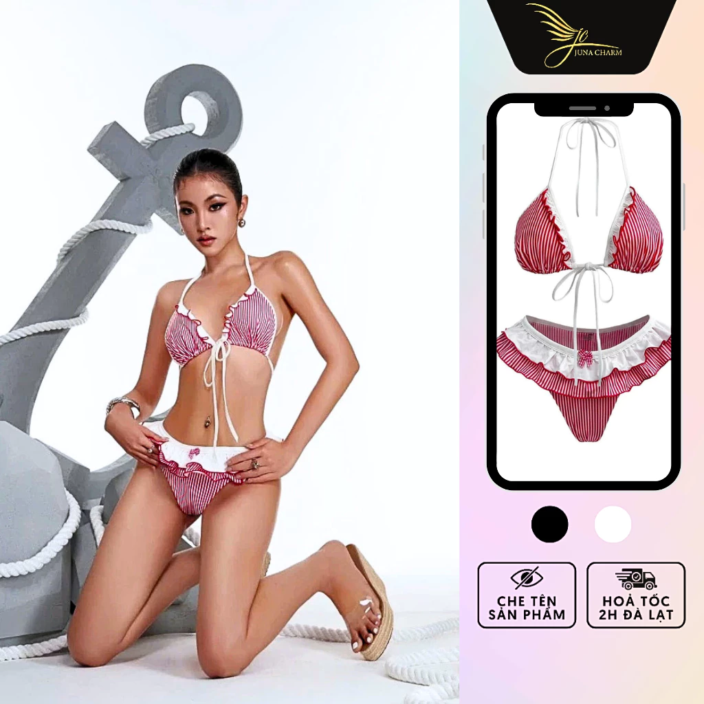 Bikini 2 Mảnh Phối Bèo Họa Tiết Sọc Đỏ JUNA Freesize Thời Trang Đồ Bơi, Đồ Đi Biển Dành Cho Nữ Chất Vải Polyester/SP478A