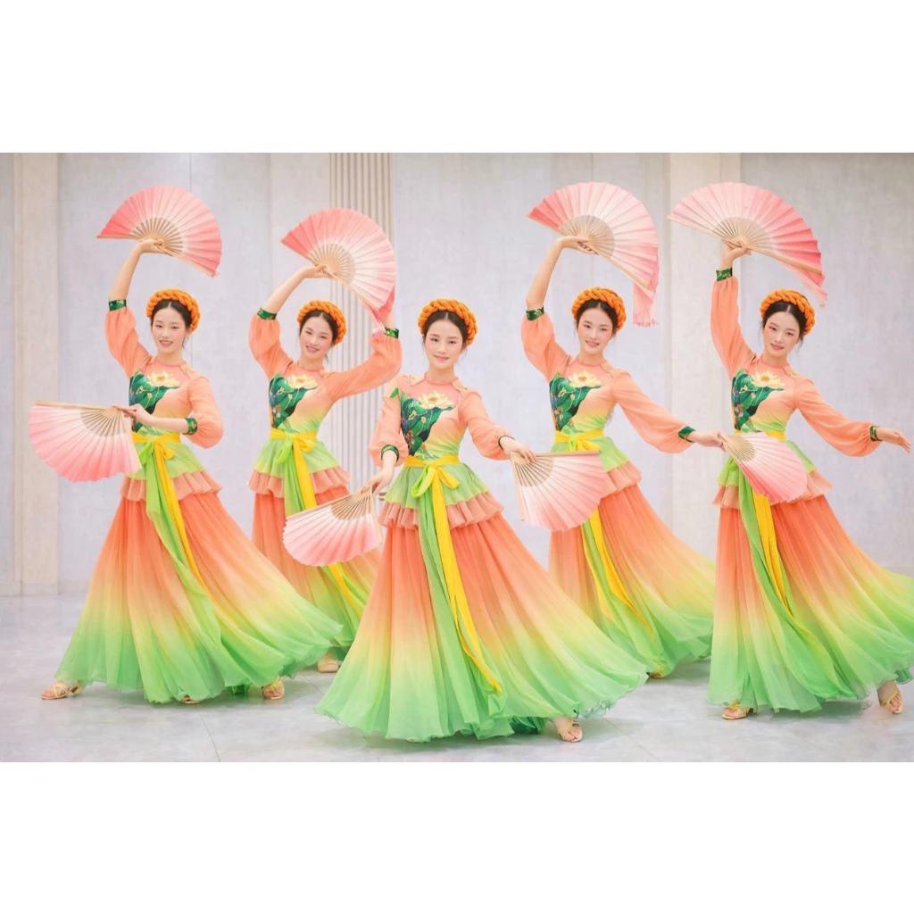 [ảnh thật]Trang phục biểu múa đội nhóm tứ thân truyền thống thiết kế phối màu xanh cam hoạ tiết hoa sen kèm chân váy xoè