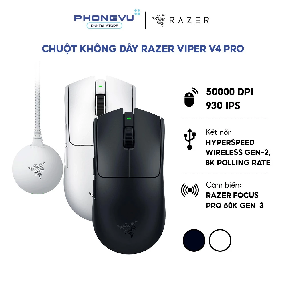 Chuột Gaming không dây Razer Viper V4 Pro (Black/White) - 49g - Focus Pro 50K - Bảo hành 24 tháng