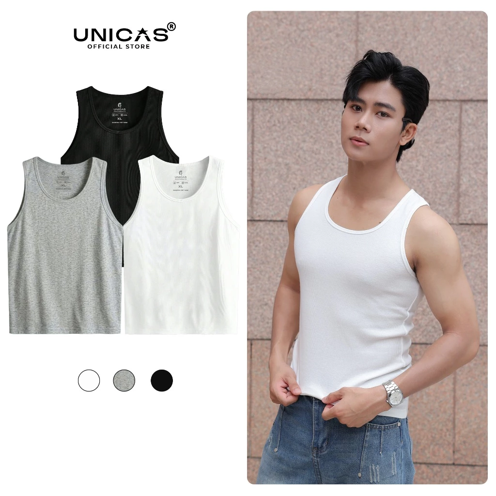 Combo 2 Áo Ba Lỗ UNICAS Form Regular Fit Vải Thun Gân Trơn Thoáng Mát Mặc Gym, Thể Thao, Thường Ngày