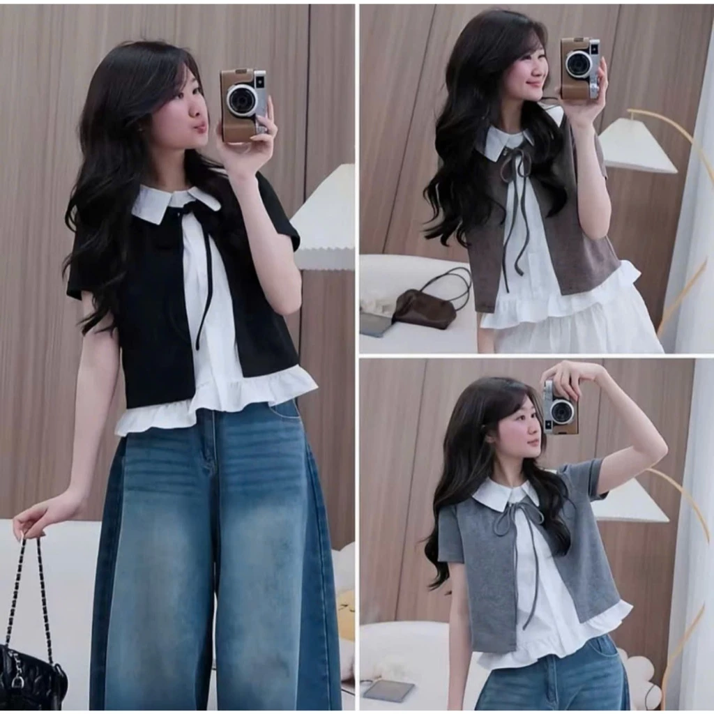 Áo Sơ Mi Phối Cổ Dây Nơ Viền Bèo CỘC TAY,Áo Kiểu Dáng Babydoll Siêu Xinh Mẫu Mới
