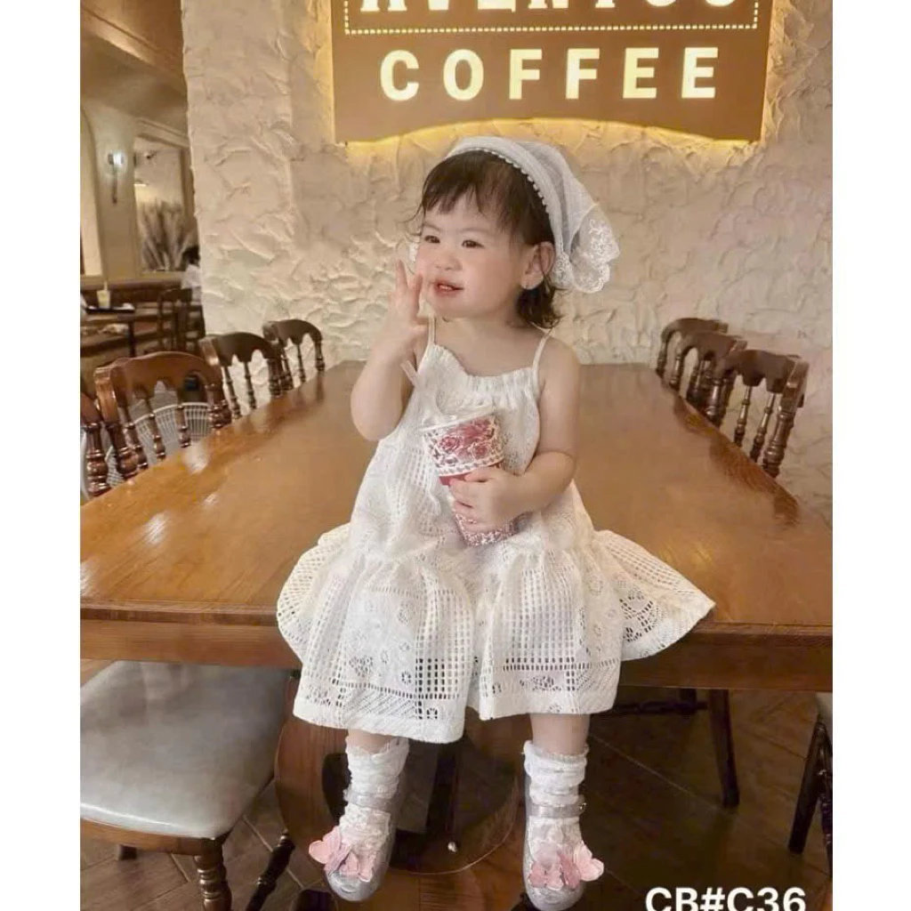 [Kèm Khăn ] Váy maxi ren lưới trắng 2 dây kèm khăn xinh iu cho bé gái (9-30kg)-M2