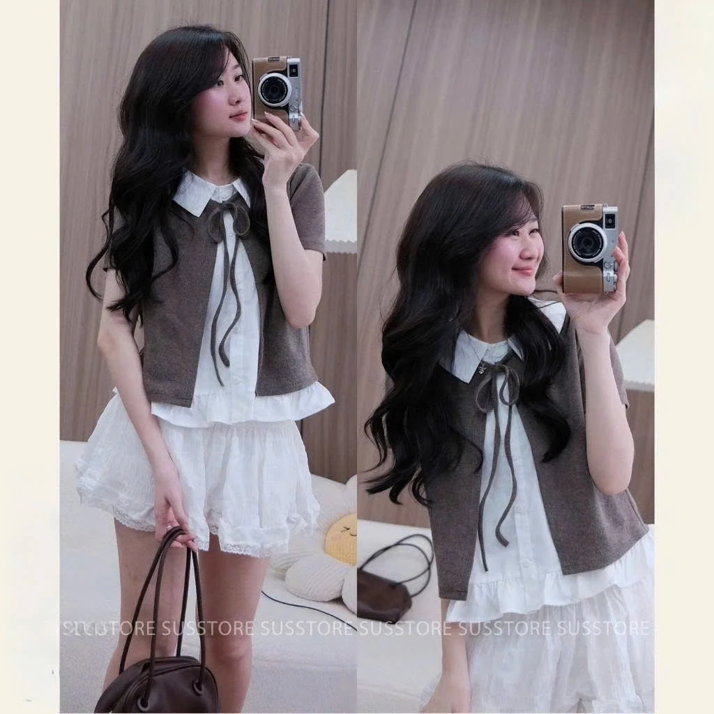 Áo Thun Nỉ Phối Sơ Mi Ngắn Tay,Áo Kiểu Tay Bồng Cổ Nơ Dáng Babydoll Xinh Xắn Mẫu Mới Phong Cách Hàn