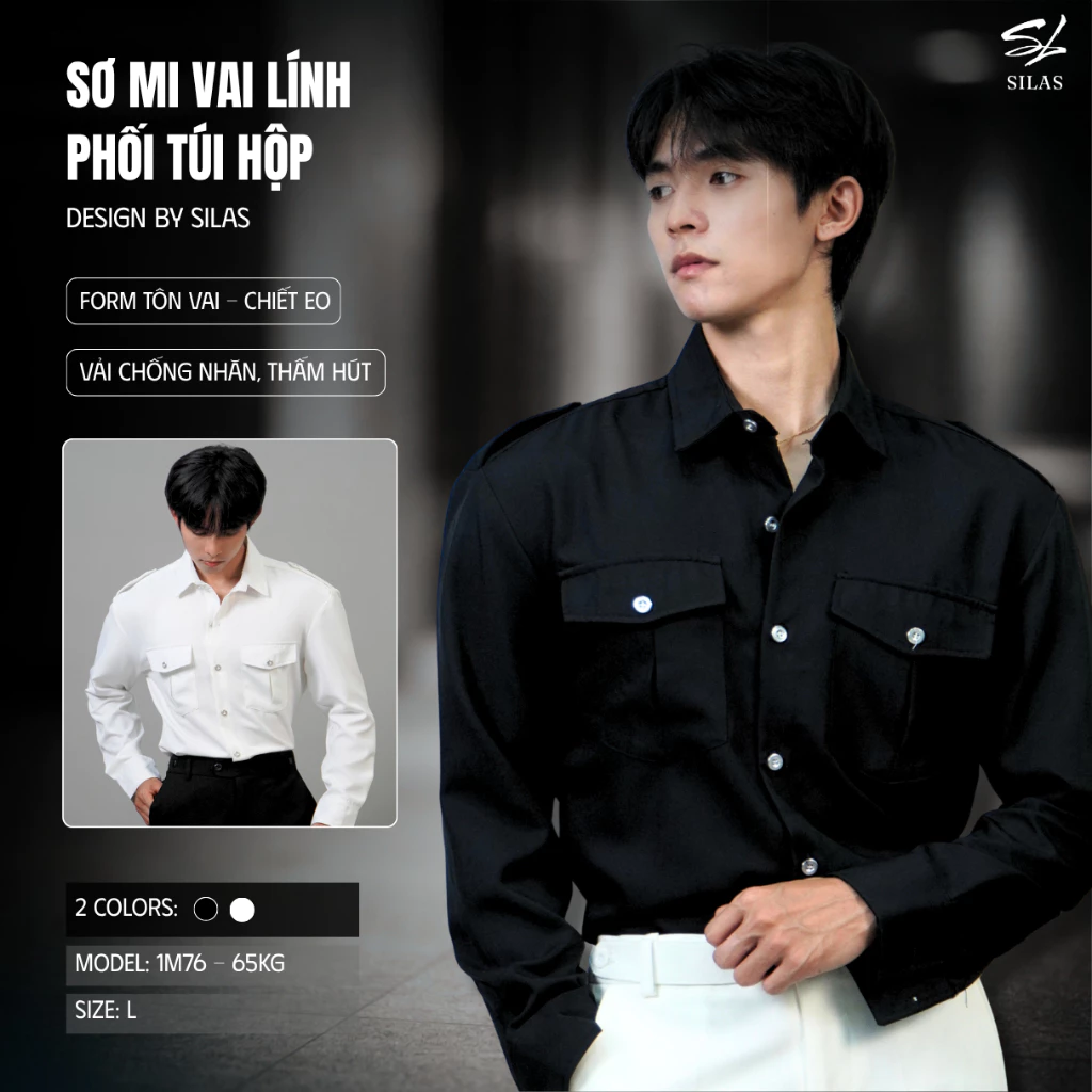 (Form Tôn Vai) Áo Sơ Mi SILAS Vai Lính Túi Hộp Form Tôn Vai Chiết Eo Nam-ASL44