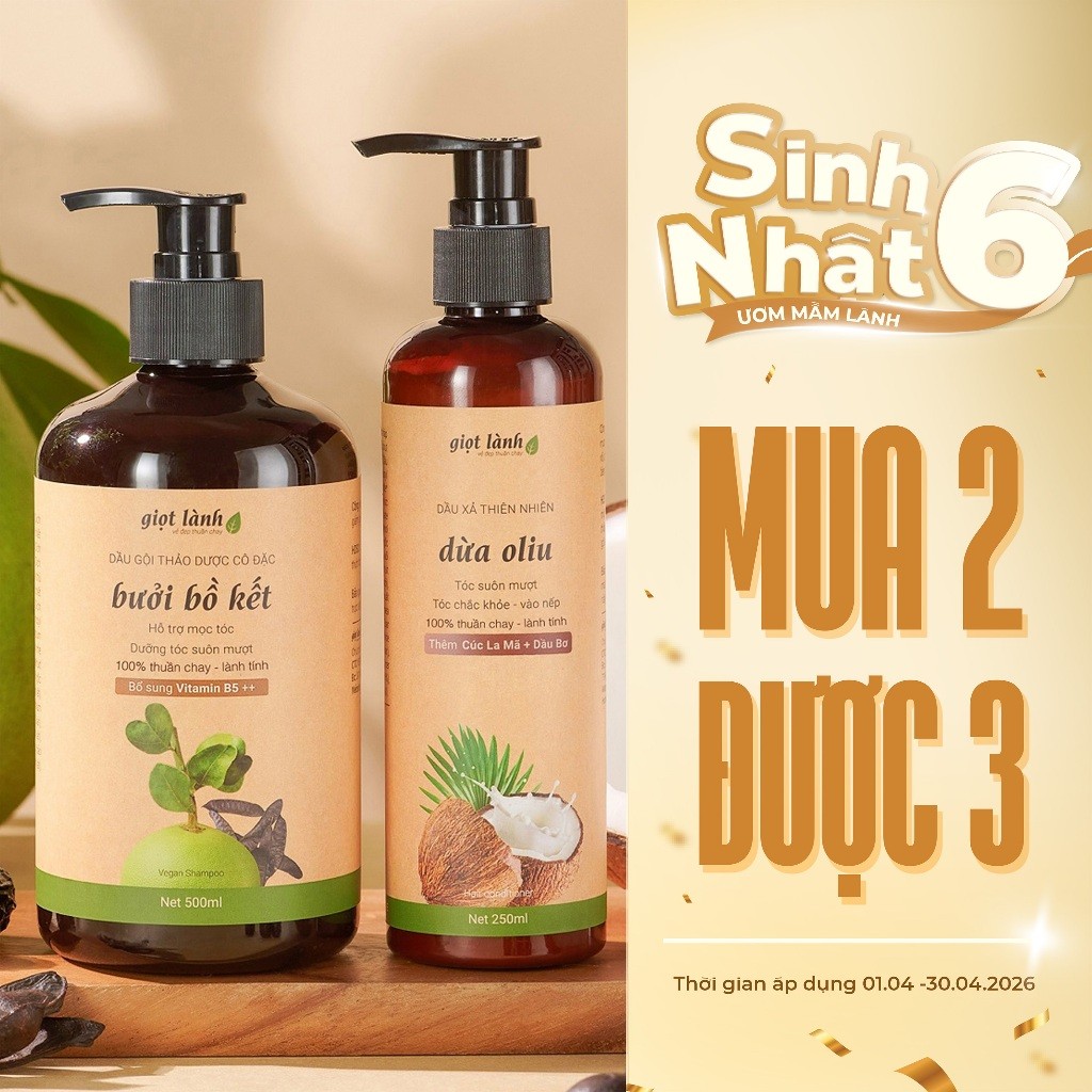 Cặp dầu xả, dầu gội bồ kết bưởi - Dầu xả thiên nhiên dừa oliu thuần chay hỗ trợ kích mọc Giọt Lành