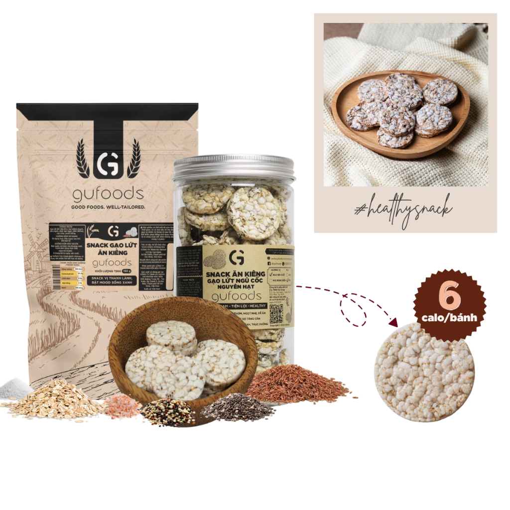 Snack ăn kiêng gạo lứt ngũ cốc nguyên hạt GUfoods - Không chiên dầu, Đa dạng hương vị (100g/200g)