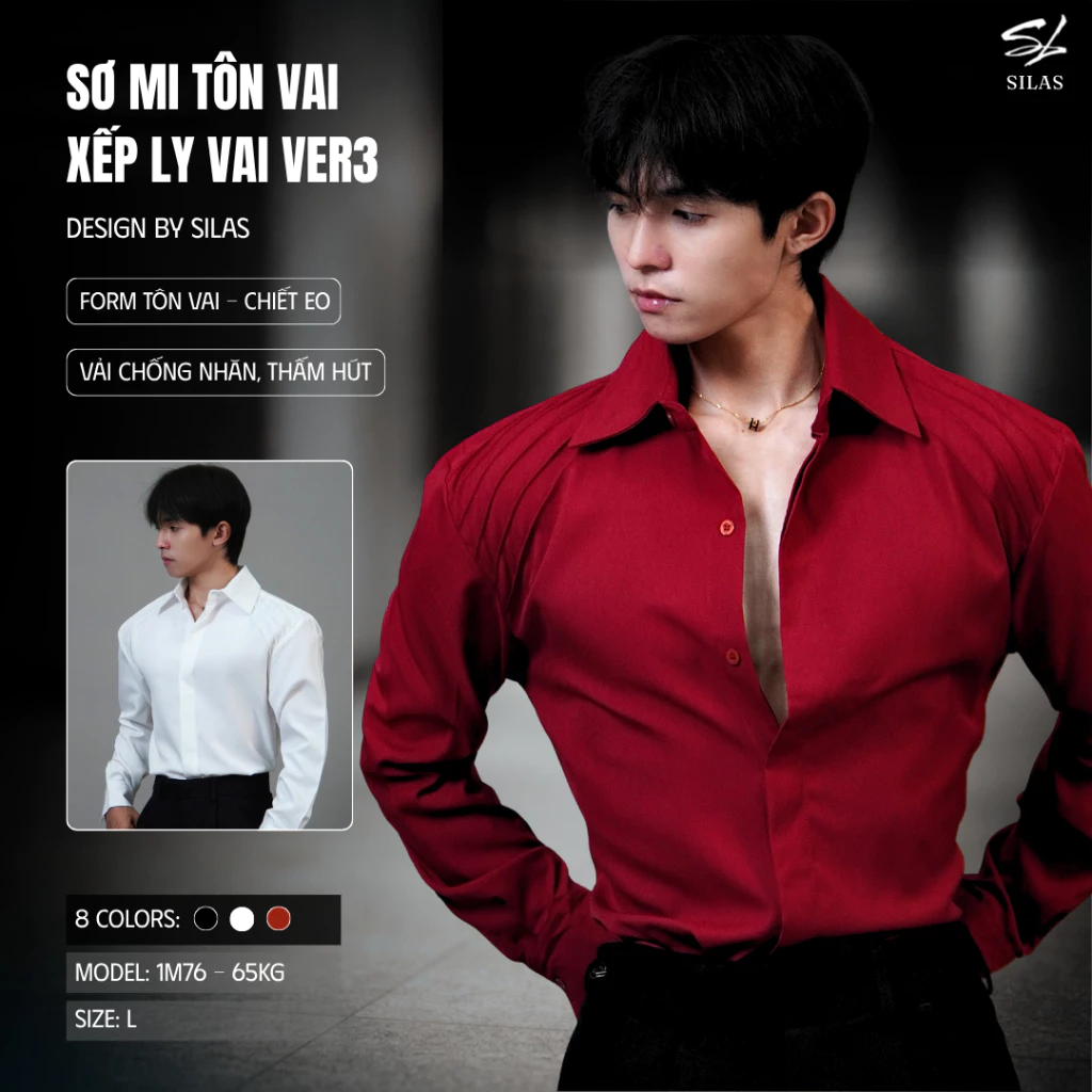 (Form Tôn Vai) Áo Sơ Mi Trơn SILAS Ver3 Thiết Kế Vai Xếp Ly Cotton Chéo Tôn Vai Giấu Cúc Nam - ASL50