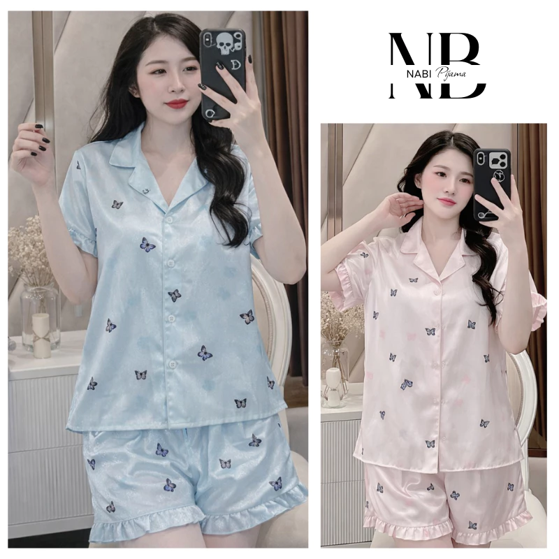 Bộ đồ lụa nữ áo cộc, quần cộc hình bướm phối bèo cào cấp, xinh xắn mặc nhẹ nhàng B06