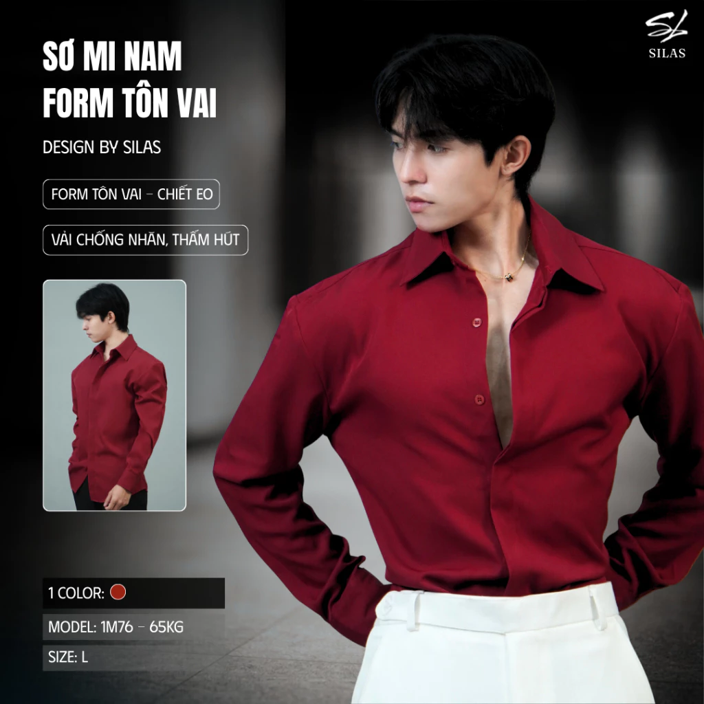 (Form Tôn Vai) Áo Sơmi Trơn Đỏ RVang Cotton Chéo Nam Giấu Cúc Cổ Bẻ Thoáng Mát Form Tôn Vai - ASL1