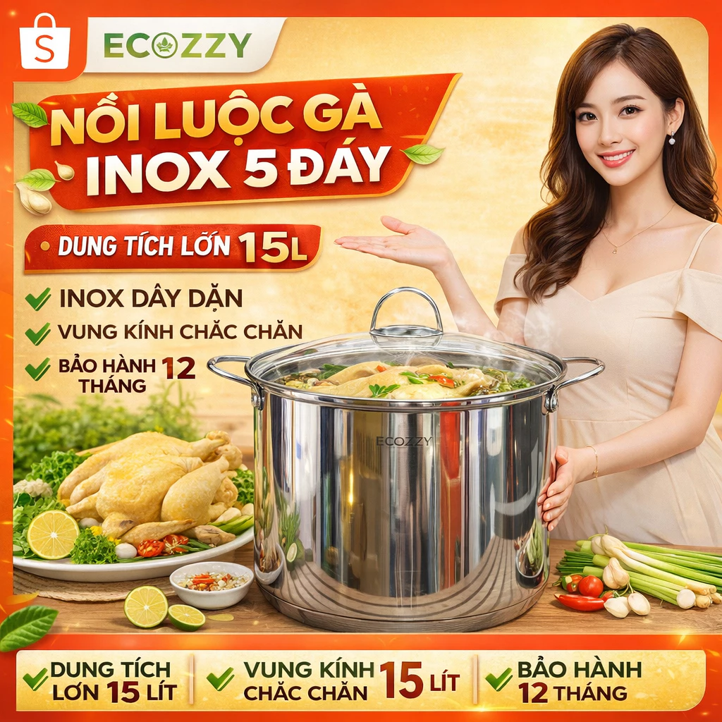 Nồi Luộc Gà Inox 5 Đáy dung tích lớn 15L – Nồi Inox Dày Dặn, Vung Kính Chắc Chắn, Dùng Mọi Loại Bếp, Truyền Nhiệt Tốt,