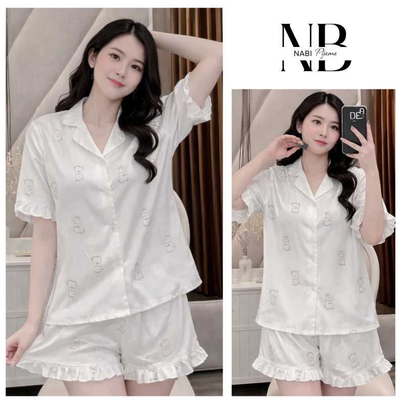 Bộ đồ lụa nữ áo cộc, quần cộc hình thỏ mập phối bèo cào cấp, xinh xắn mặc nhẹ nhàng B06