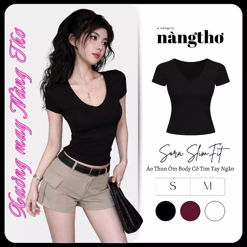 755 Sora SlimFit-Áo Ôm Body Tay Ngắn Cổ Tim Chất Thun Cotton Co Dãn