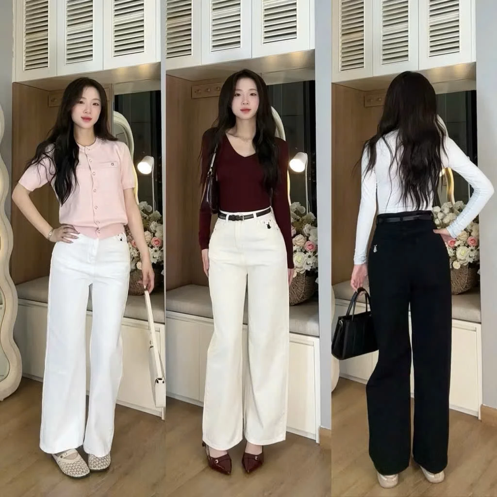 Q16 (S-XL 102-105cm) - Quần Jeans Nữ Ống Suông Form Rộng Basic Thêu Hoạ Tiết Thỏ 3 Màu