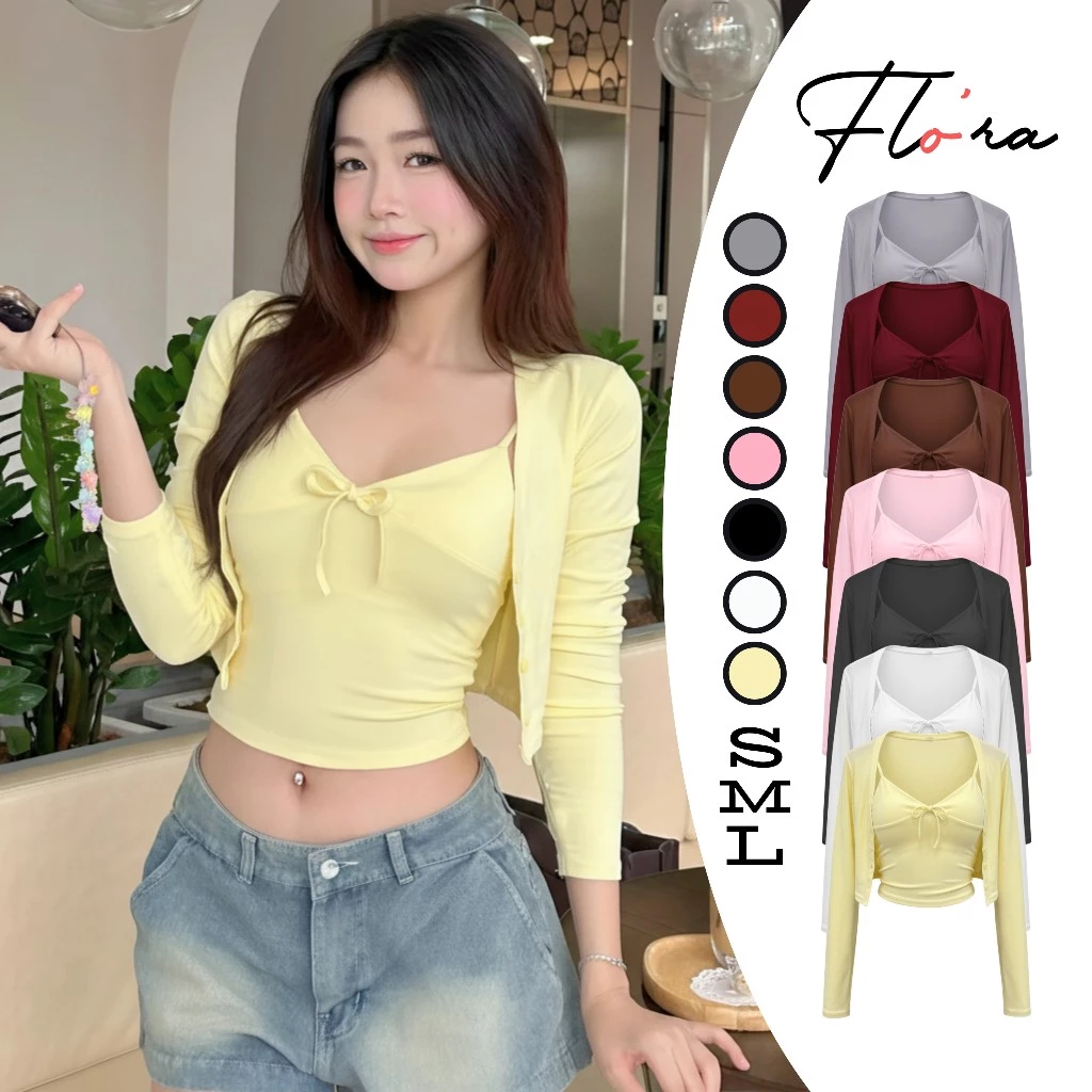 SET CARDIGAN DÁNG NGẮN Kèm Áo 2 Dây Thun Borip Lụa SET12, Set Áo Choàng Nữ 2 Dây Thắt Nơ Ôm Body Flo'ra