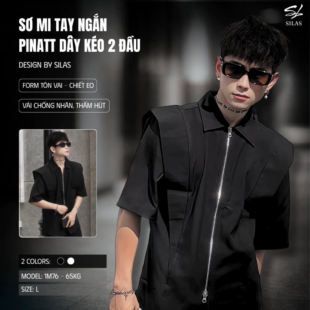 (Form Tôn Vai) Áo Sơ Mi SILAS Pinatt Tay Ngắn Tôn Vai Nam Cotton Thiết Kế Dây Kéo 2 Đầu - ASL35