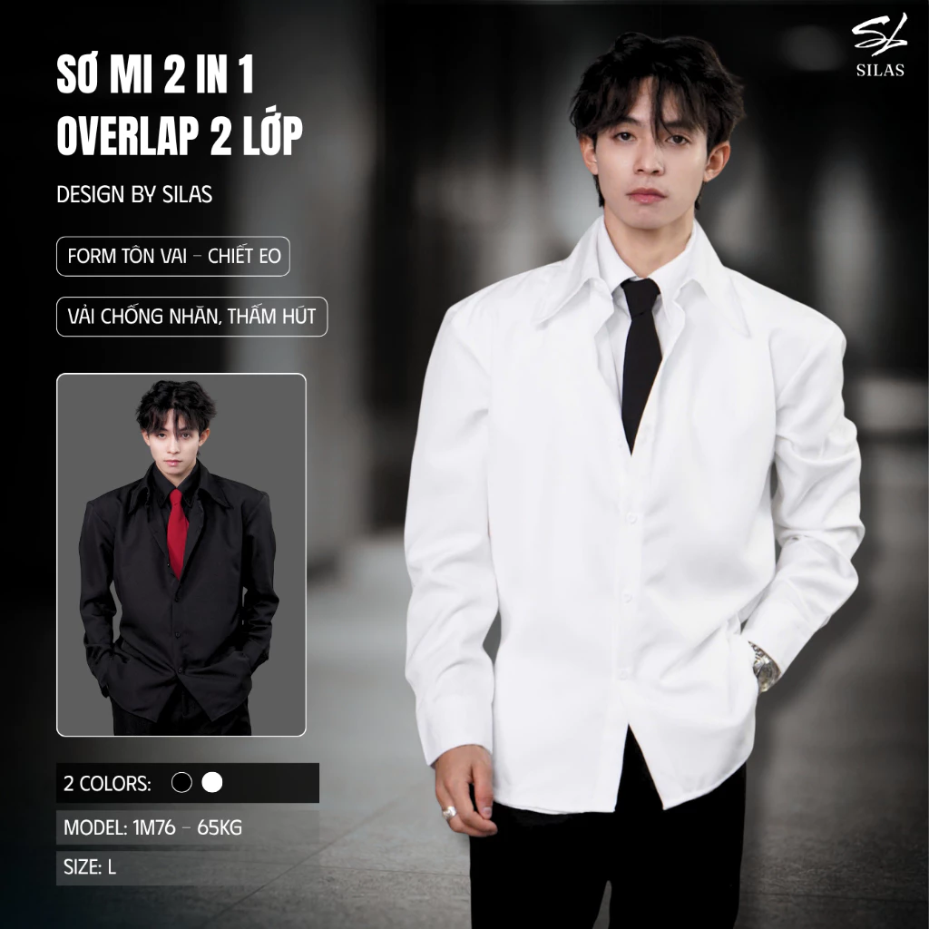 (Form Tôn Vai) Áo Sơ Mi SILAS OverLap 2 Lớp 2 In 1 Cotton Chéo Nam Chiết Eo - ASL9