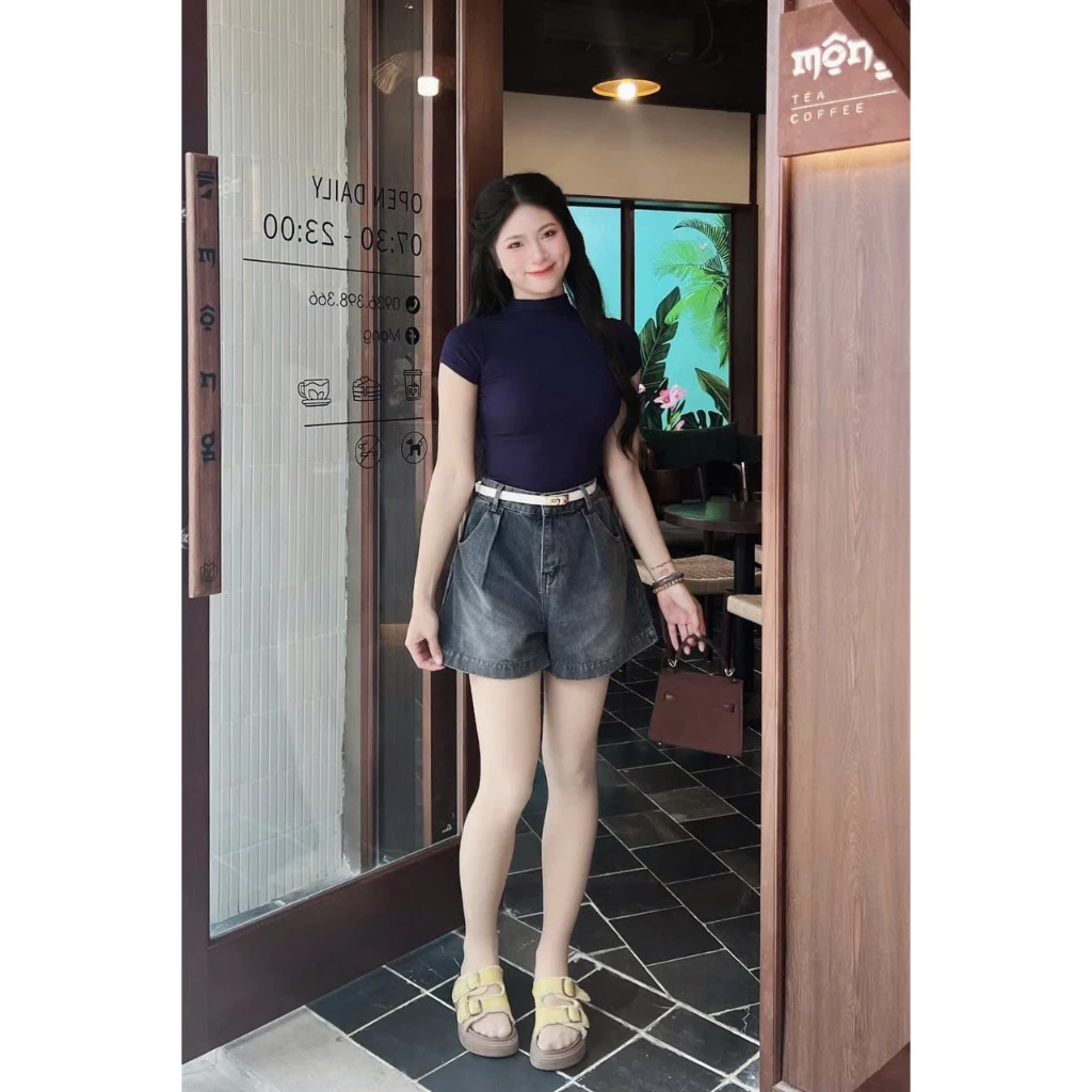 Quần jeans short ngố lửng (37cm) cạp khoá chun sau cho nữ [M81]