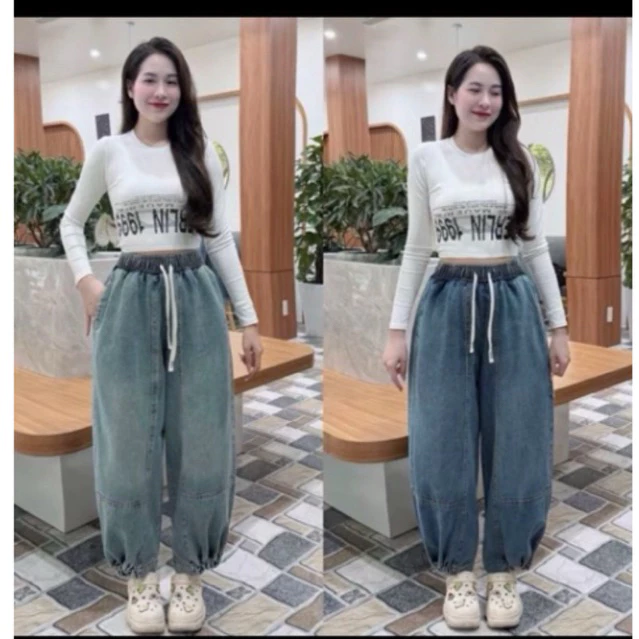 Quần Bom Thụng Bo Gấu Cạp Chun Vải Jeans mềm 40-78kg