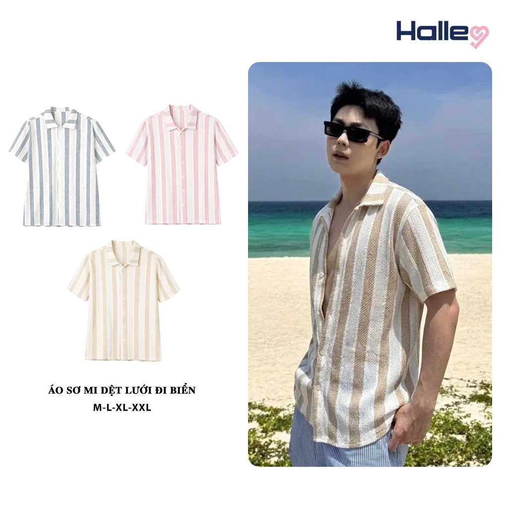Áo Sơ Mi Nam Cộc Tay Đi Biển Dệt Lưới Họa Tiết Kẻ Sọc Cổ Vest Hàn Quốc Halley A55