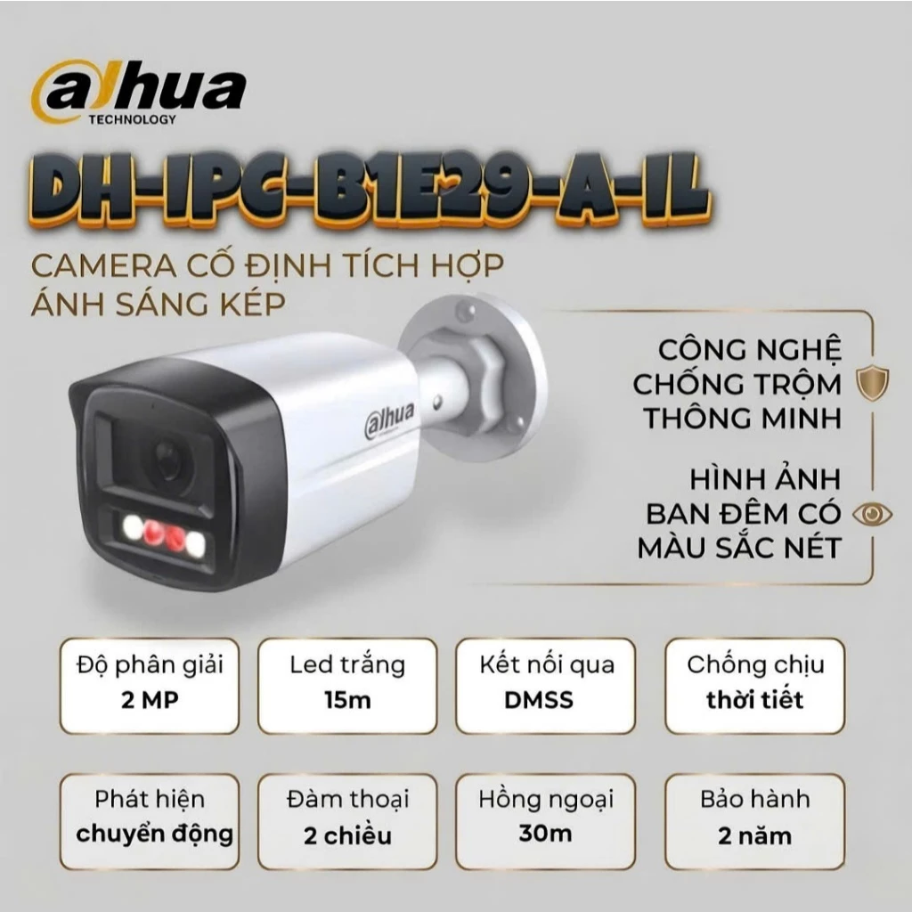 (TẶNG HKT)Camera IP Dahua 2MP DH-IPC-B1E29-A-IL Ngoài Trời – Ghi Hình Màu Ban Đêm, Chống Nước IP67