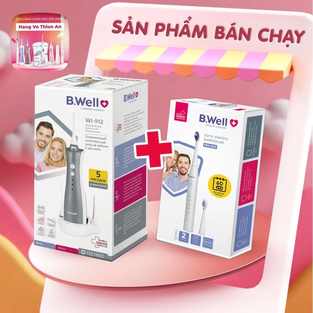 [Hỏa tốc] [Bảo hành 2 năm] [Hàng Thụy Sỹ] COMBO 1 bộ Tăm nước BWell 912 + 1 bộ  Bàn chải điện B.Well Swiss PRO 850