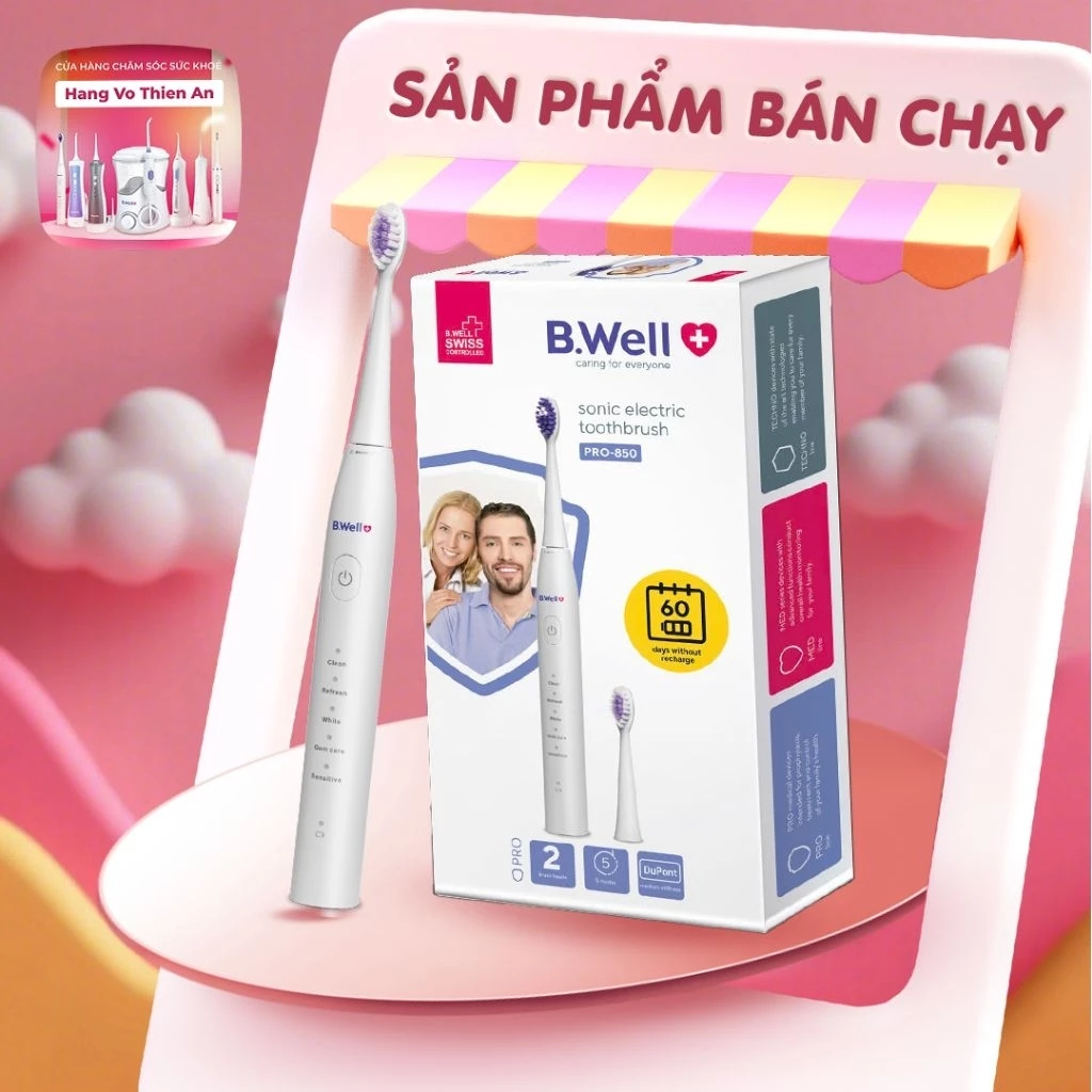 [ HỎA TỐC ] Bộ Bàn chải điện B.Well Swiss PRO-850 (màu Trắng). BH 2 năm 1 đổi 1. Mới T8/2024