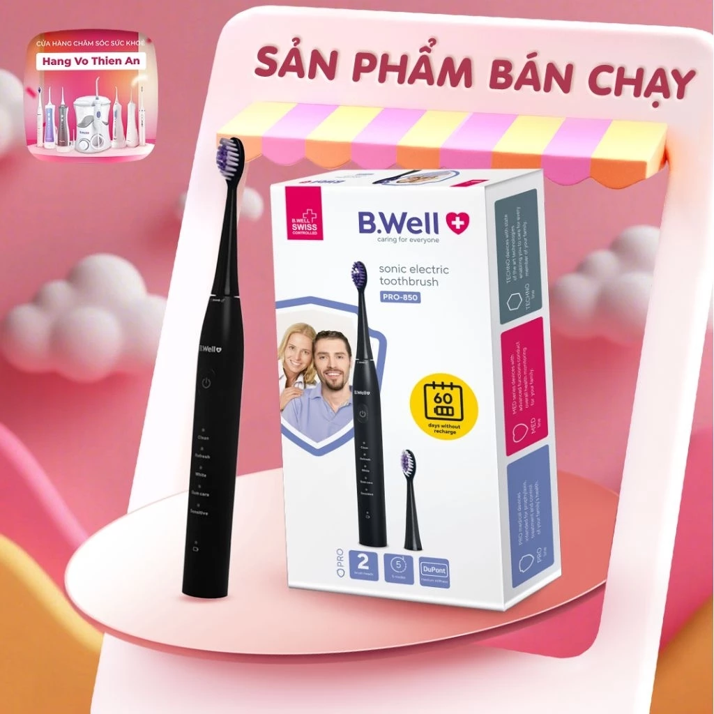 [ HỎA TỐC ] Bộ bàn chải đánh răng điện B.Well Swiss PRO-850 (màu đen). BH 2 năm 1 đổi 1. Sản phẩm sxuat T8/2024